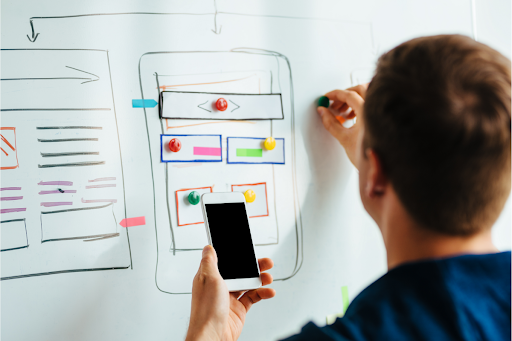 Instructor drawing a mobile website design example on a whiteboard.