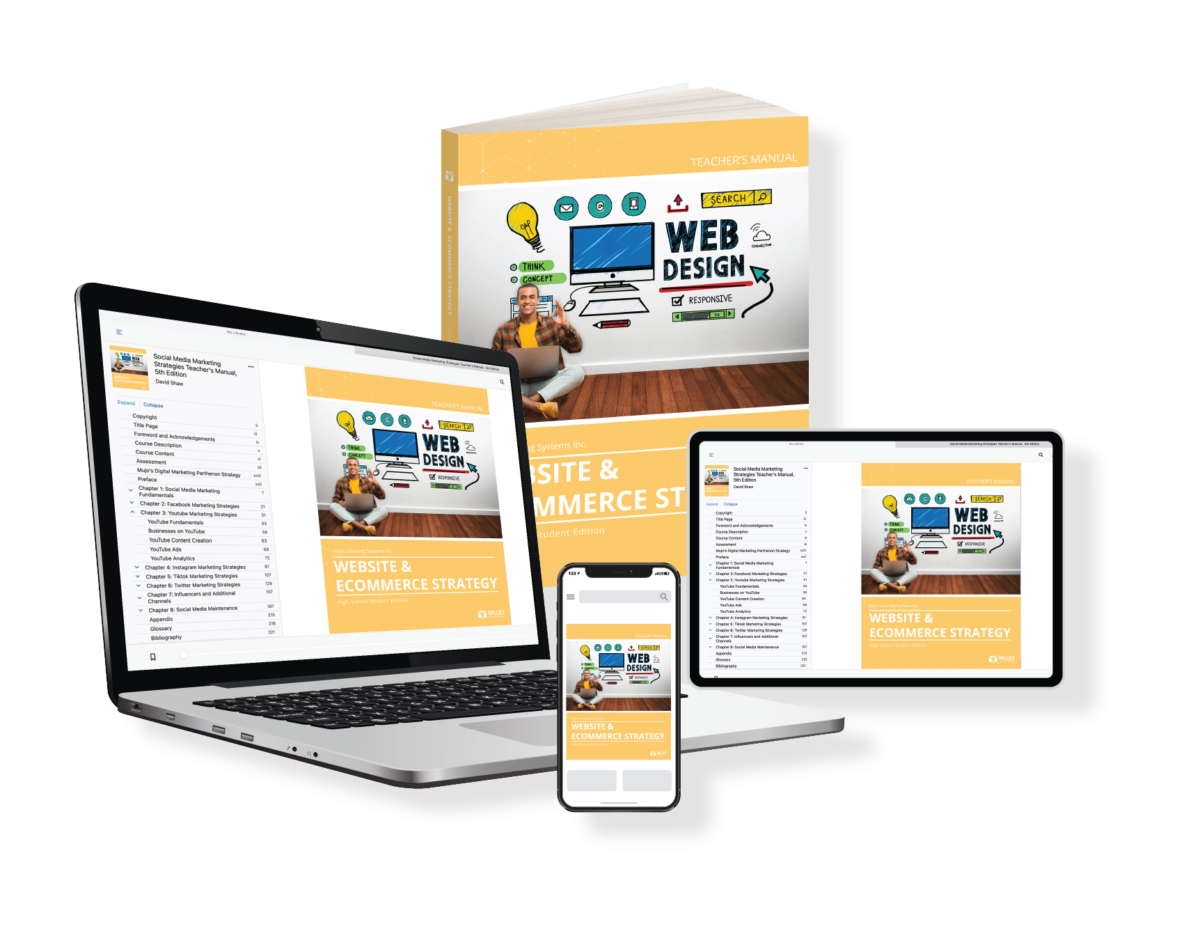 image showing that the website & ecommerce strategy textbook is responsive on all screen sizes and comes in both a hard copy and electronic copy.