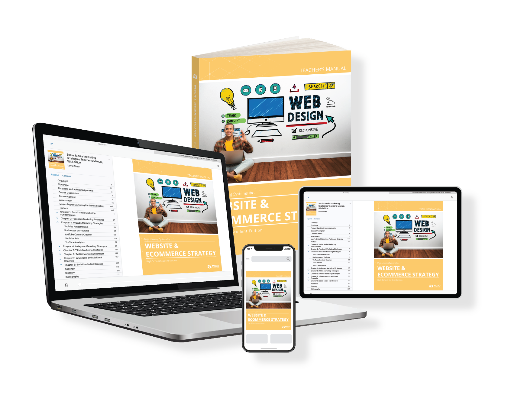 image showing that the website & ecommerce strategy textbook is responsive on all screen sizes and comes in both a hard copy and electronic copy.