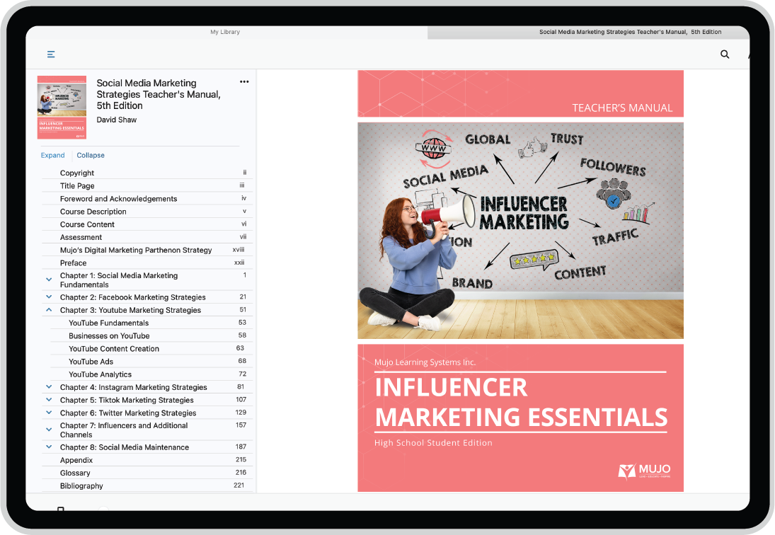 Influencer Marketing Essentials Resource Cloud, Teacher e-Manual, and Courseware For High School