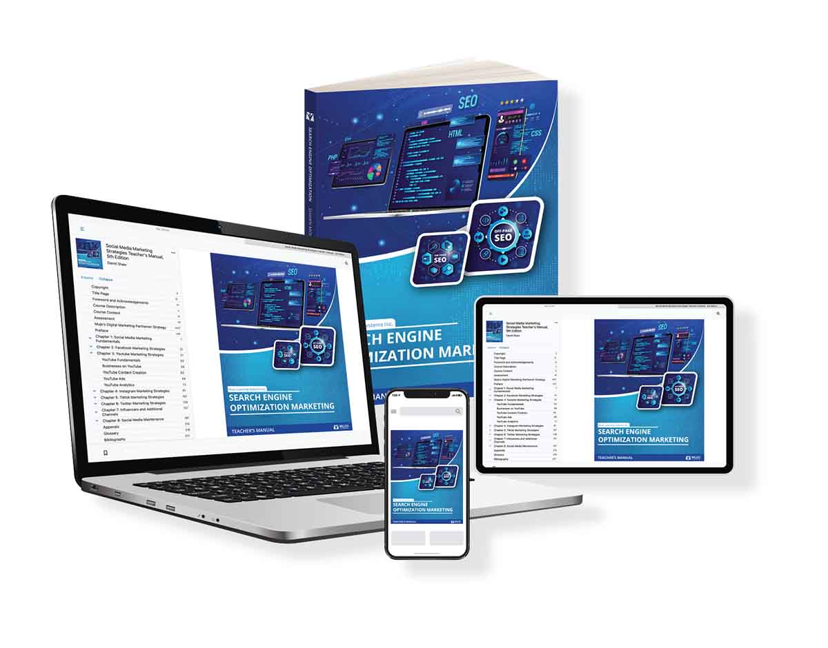image showing that the search engine optimization marketing textbook is responsive on all screen sizes and comes in both a hard copy and electronic copy.