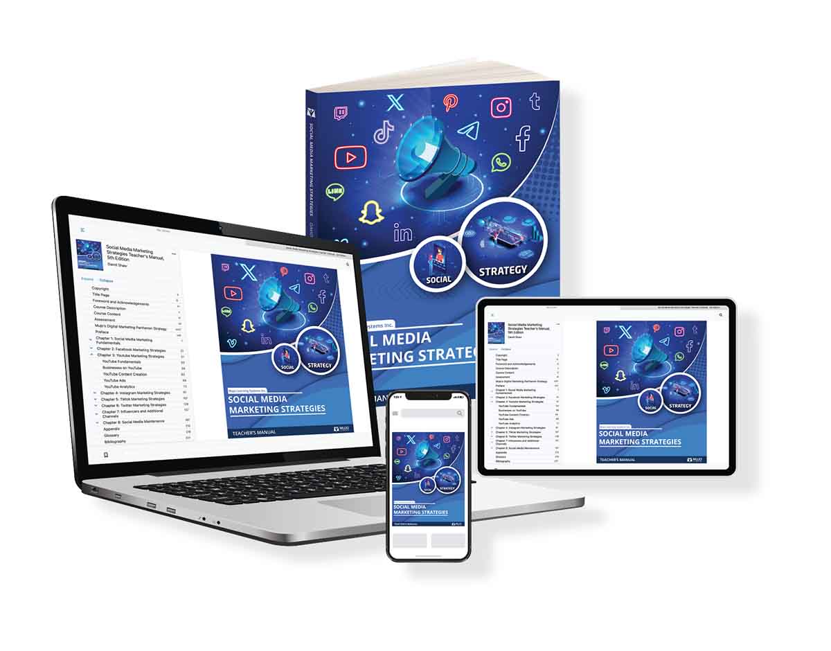image showing that the social media marketing textbook is responsive on all screen sizes and comes in both a hard copy and electronic copy.