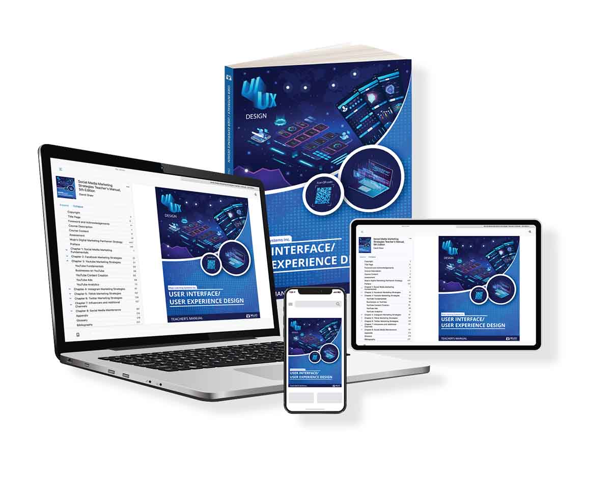 image showing that the ui/ux textbook is responsive on all screen sizes and comes in both a hard copy and electronic copy.