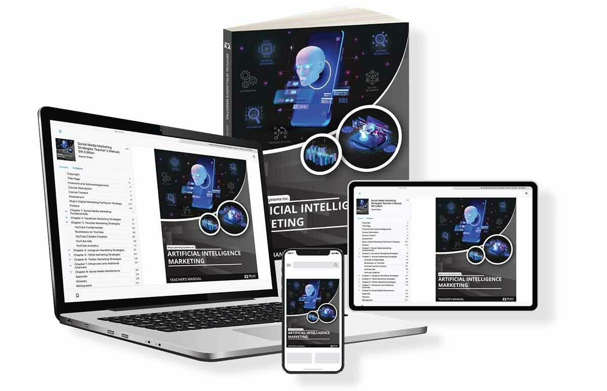 image showing that the artificial intelligence marketing textbook is responsive on all screen sizes and comes in both a hard copy and electronic copy.