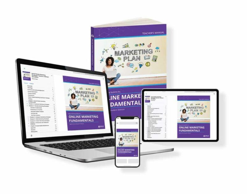 image showing that the online marketing fundamentals textbook is responsive on all screen sizes and comes in both a hard copy and electronic copy.