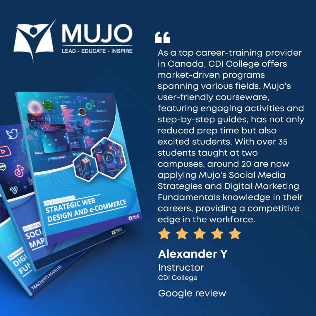 As a top career-training provider in Canada, CDI College offers market-driven programs spanning various fields. Mujo's user-friendly courseware, featuring engaging activities and step-by-step guides, has not only reduced prep time but also excited students. With over 35 students taught at two campuses, around 20 are now applying Mujo's Social Media Strategies and Digital Marketing Fundamentals knowledge in their careers, providing a competitive edge in the workforce.