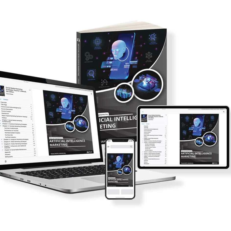 image showing that the artificial intelligence marketing textbook is responsive on all screen sizes and comes in both a hard copy and electronic copy.