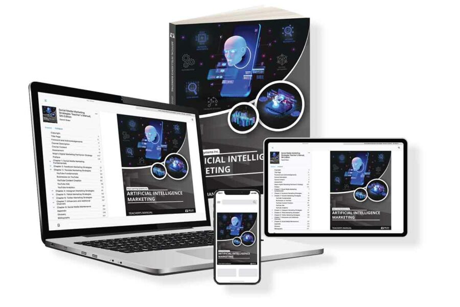 image showing that the artificial intelligence marketing textbook is responsive on all screen sizes and comes in both a hard copy and electronic copy.