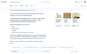 An SGE results page showing a detailed answer for the query “does honey ever spoil”, SOURCE: Google