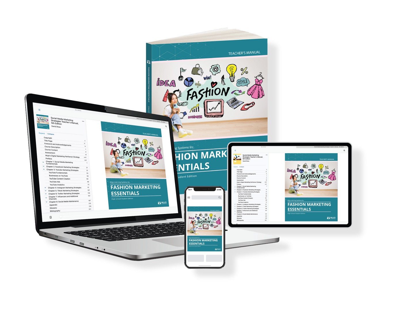 image showing that the fashion marketing essentials textbook is responsive on all screen sizes and comes in both a hard copy and electronic copy.