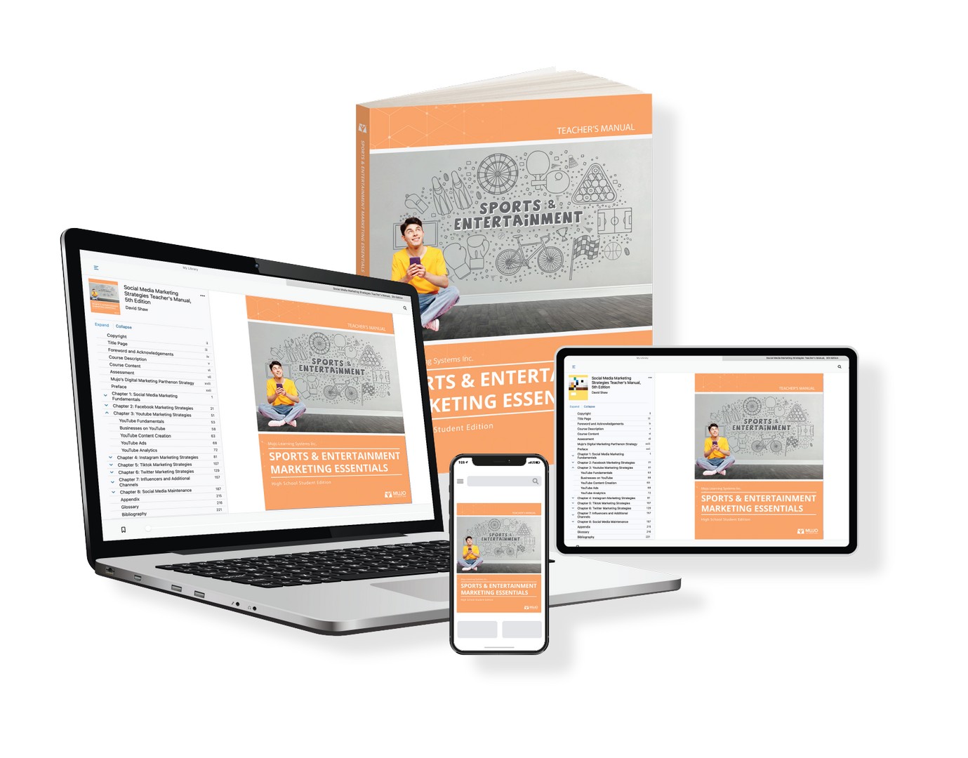 image showing that the sports and entertainment marketing textbook is responsive on all screen sizes and comes in both a hard copy and electronic copy.