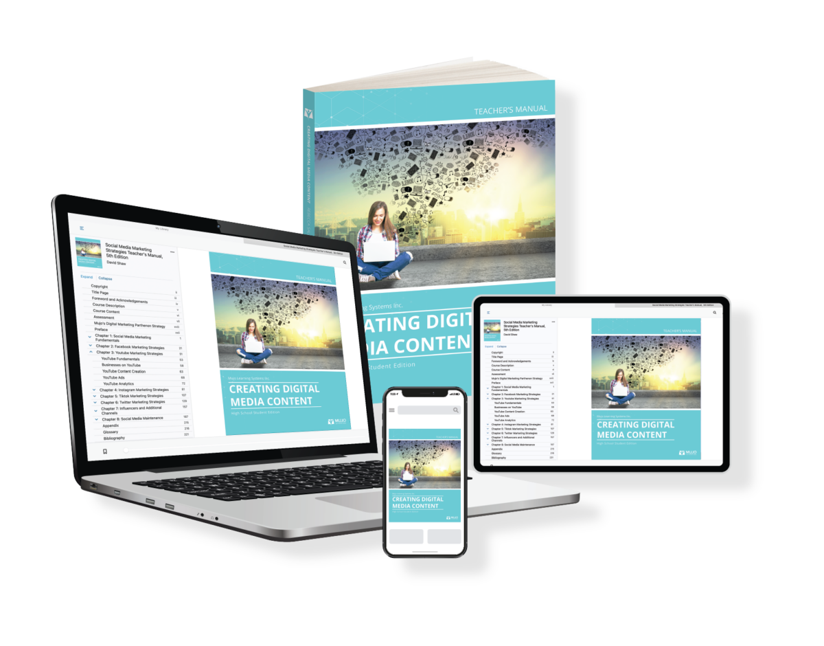 image showing that the creating digital media content textbook is responsive on all screen sizes and comes in both a hard copy and electronic copy.