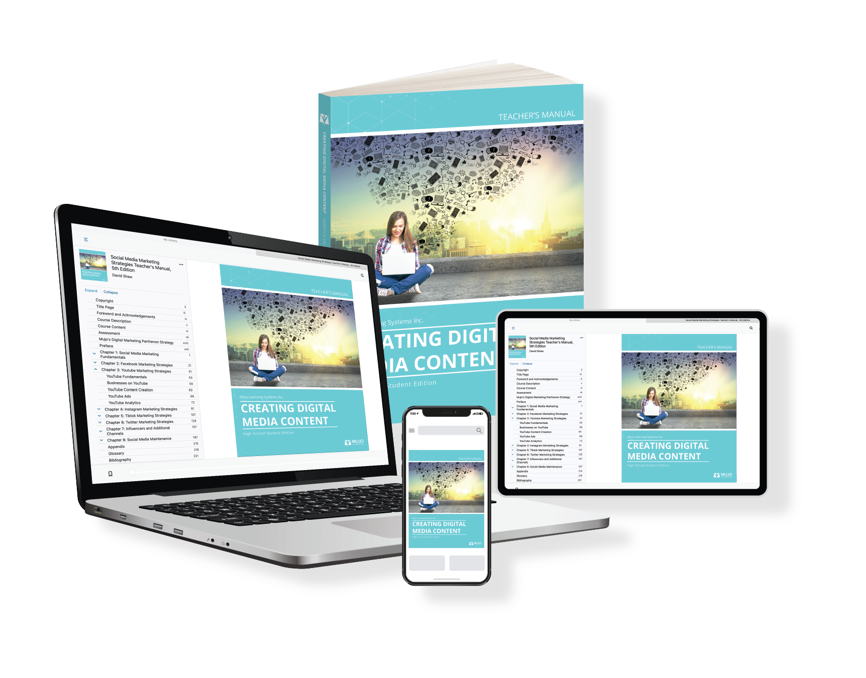 image showing that the creating digital media content textbook is responsive on all screen sizes and comes in both a hard copy and electronic copy.