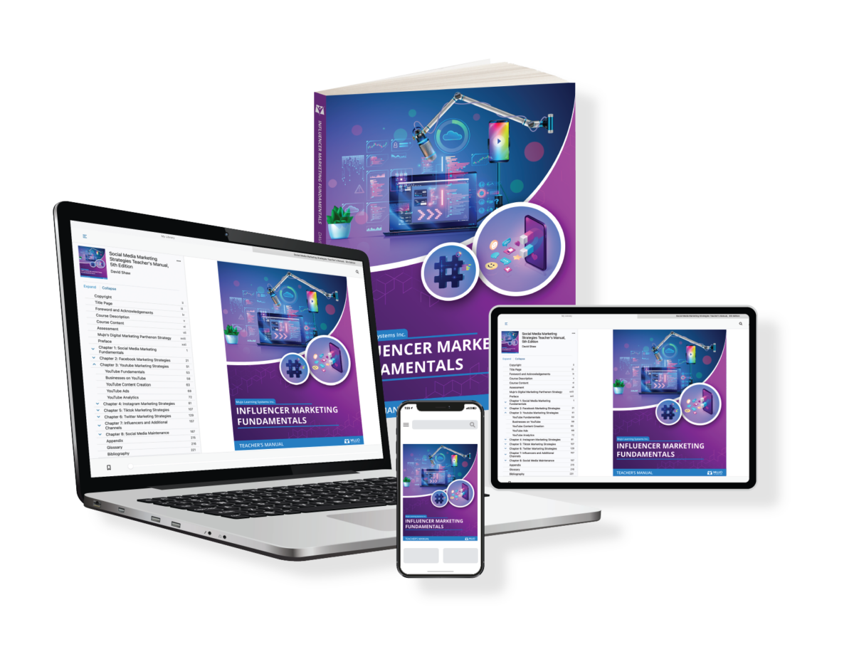 image showing that the influencer marketing fundamentals textbook is responsive on all screen sizes and comes in both a hard copy and electronic copy.