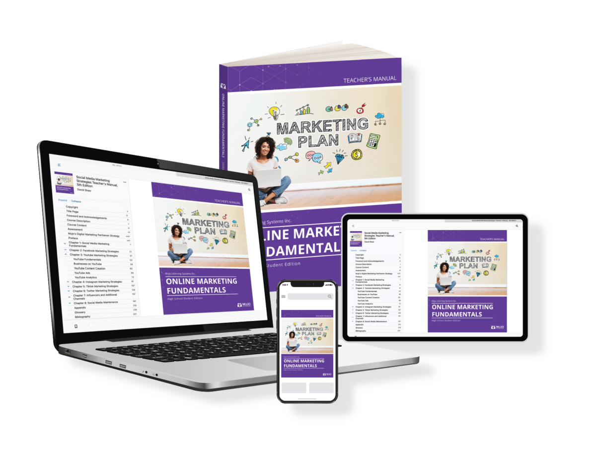 image showing that the online marketing fundamentals textbook is responsive on all screen sizes and comes in both a hard copy and electronic copy.
