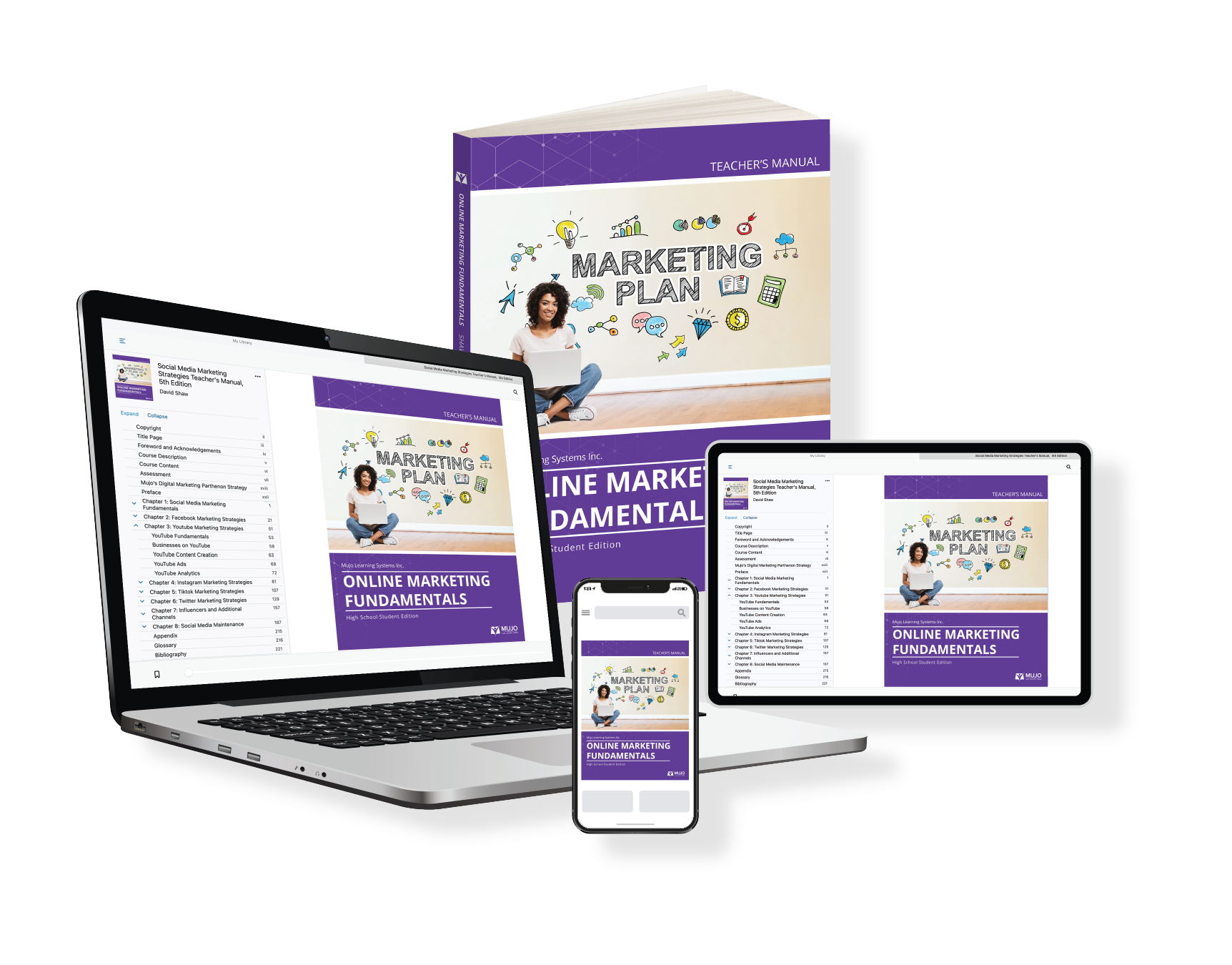 image showing that the online marketing fundamentals textbook is responsive on all screen sizes and comes in both a hard copy and electronic copy.