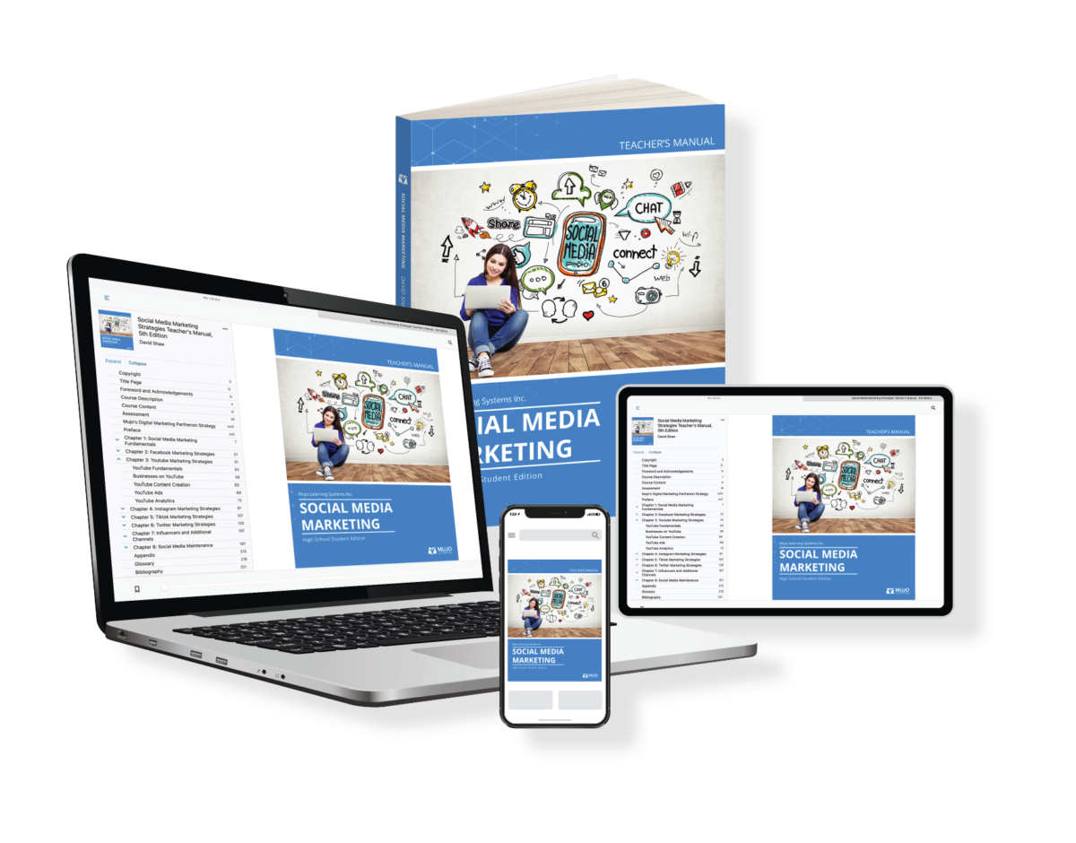 Turnkey Social Media Marketing Curriculum &Amp; Textbook For High School Students 1 image showing that the social media marketing textbook is responsive on all screen sizes and comes in both a hard copy and electronic copy.