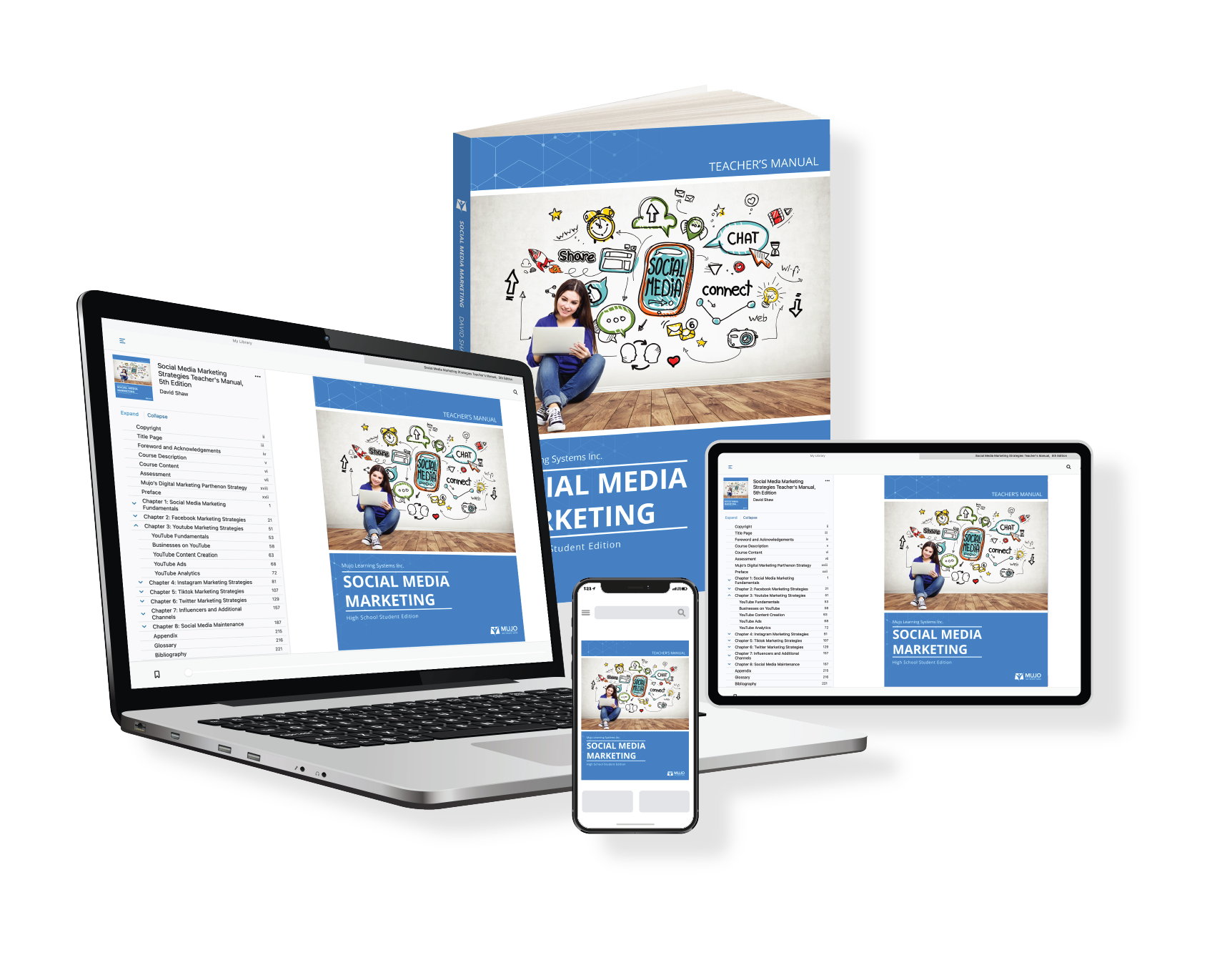 image showing that the social media marketing textbook is responsive on all screen sizes and comes in both a hard copy and electronic copy.