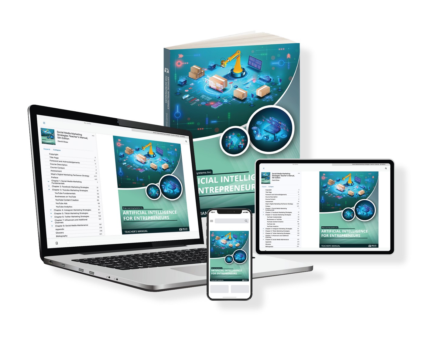 image showing that the artificial intelligence for entrepreneur textbook is responsive on all screen sizes and comes in both a hard copy and electronic copy.