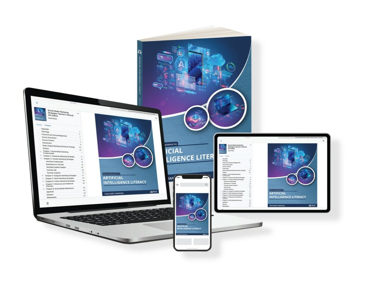 image showing that the artificial intelligence literacy textbook is responsive on all screen sizes and comes in both a hard copy and electronic copy.