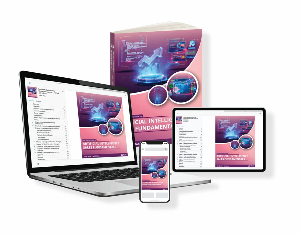 image showing that the Artificial Intelligence Sales Fundamentals textbook is responsive on all screen sizes and comes in both a hard copy and electronic copy.