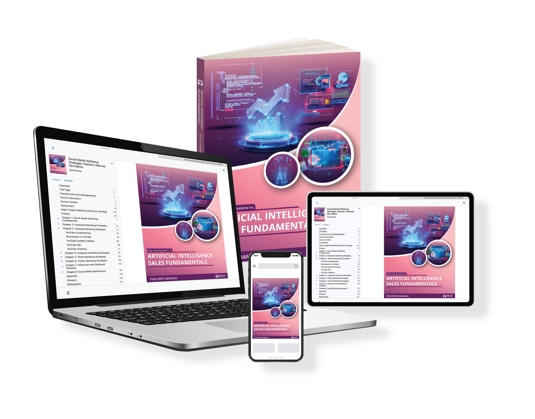 image showing that the Artificial Intelligence Sales Fundamentals textbook is responsive on all screen sizes and comes in both a hard copy and electronic copy.