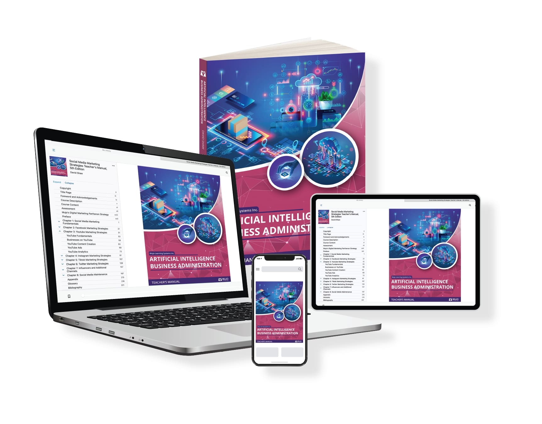 image showing that the artificial intelligence business administration textbook is responsive on all screen sizes and comes in both a hard copy and electronic copy.