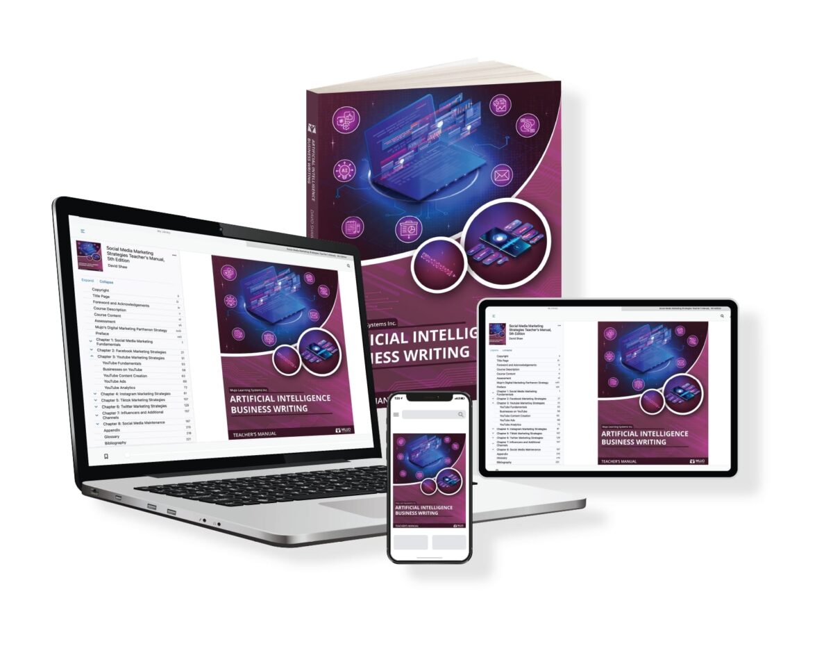 image showing that the artificial intelligence business writing textbook is responsive on all screen sizes and comes in both a hard copy and electronic copy.