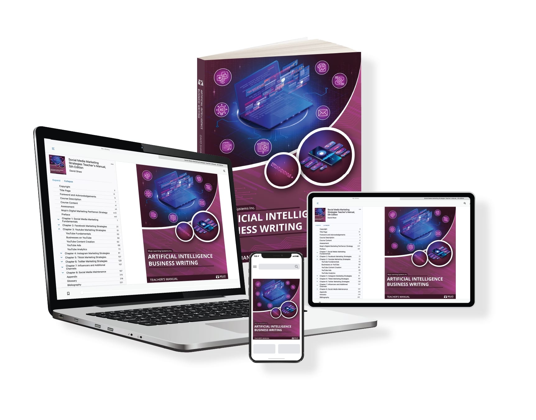 image showing that the artificial intelligence business writing textbook is responsive on all screen sizes and comes in both a hard copy and electronic copy.
