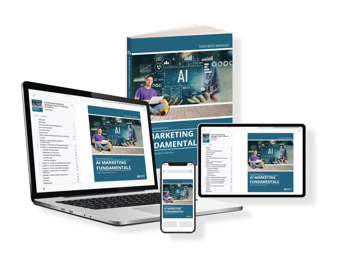 image showing that the AI Marketing Fundamentals textbook is responsive on all screen sizes and comes in both a hard copy and electronic copy.