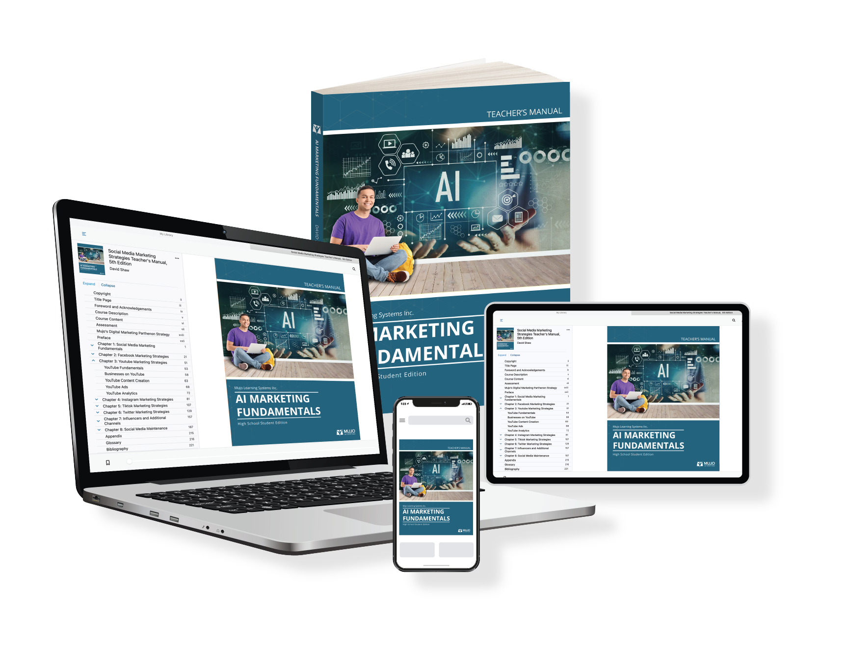 image showing that the AI Marketing Fundamentals textbook is responsive on all screen sizes and comes in both a hard copy and electronic copy.