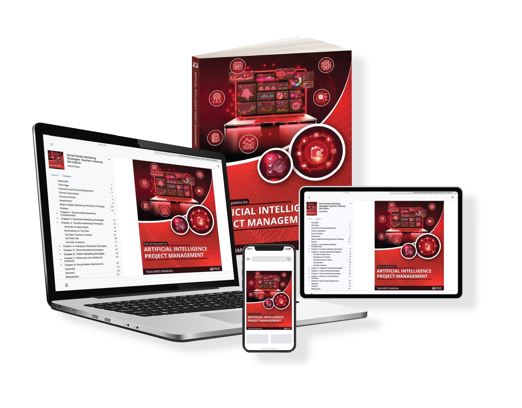 image showing that the artificial intelligence project management textbook is responsive on all screen sizes and comes in both a hard copy and electronic copy.