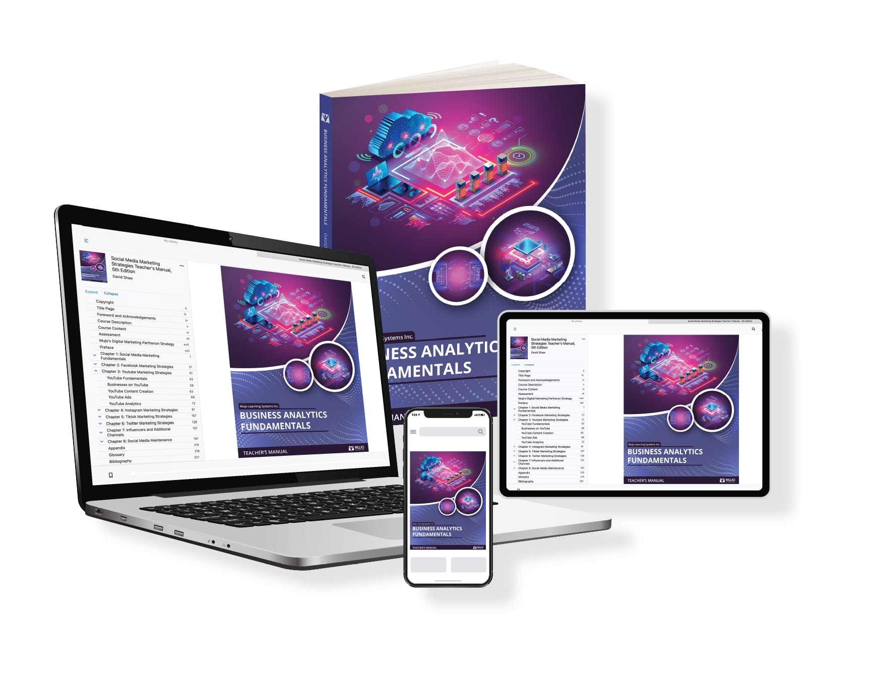 image showing that the business analytics fundamentals textbook is responsive on all screen sizes and comes in both a hard copy and electronic copy.