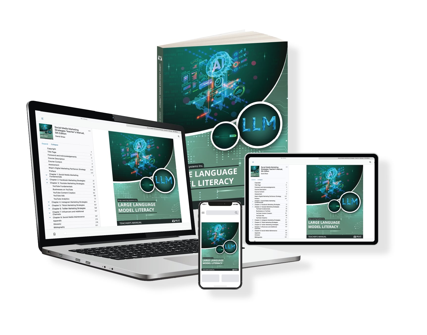image showing that the large language literacy textbook is responsive on all screen sizes and comes in both a hard copy and electronic copy.