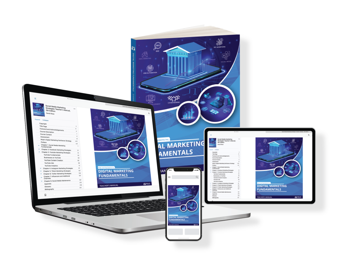 image showing the digital marketing fundamentals textbook is responsive on all screen sizes and comes in both a hard copy and electronic copy.