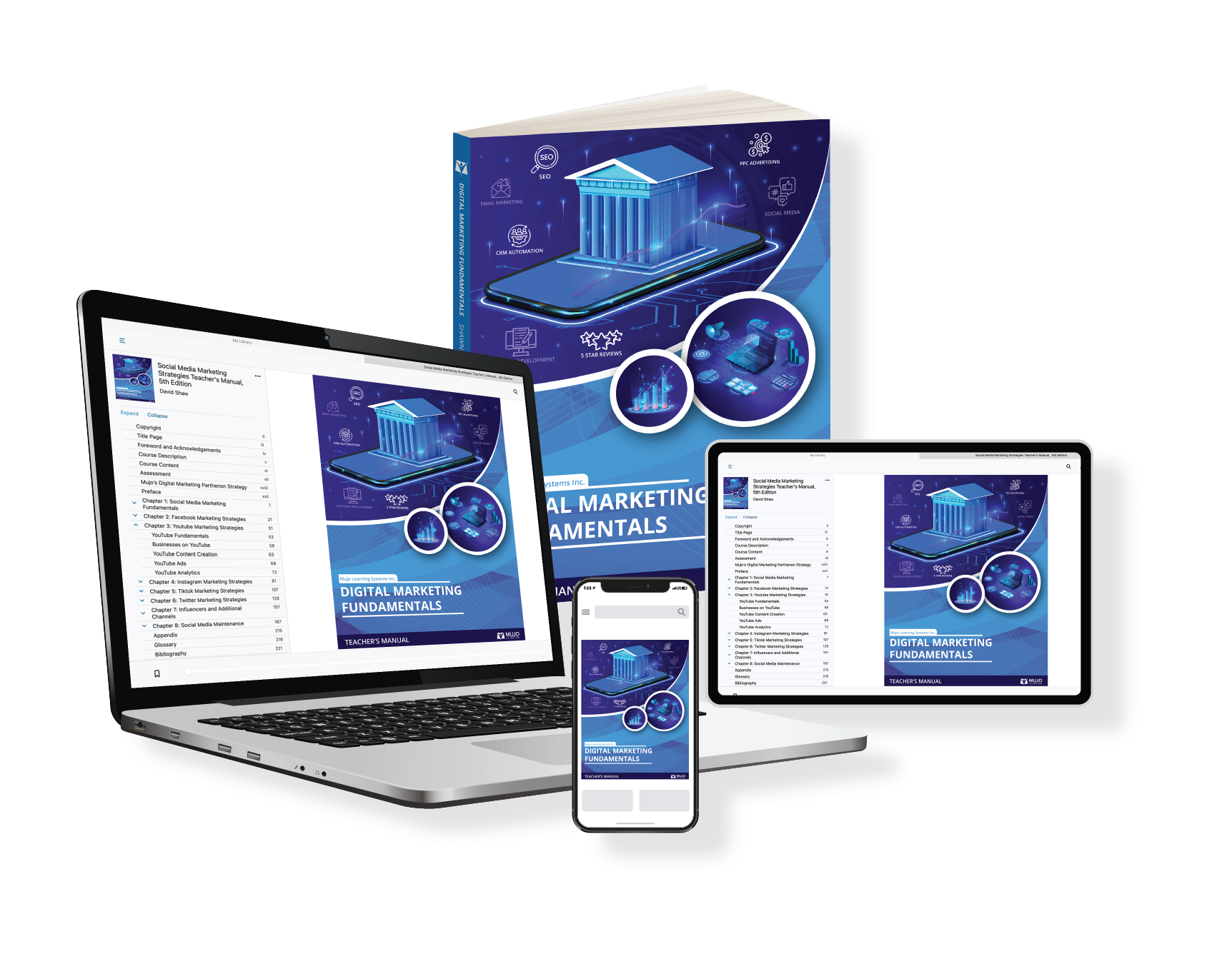 image showing the digital marketing fundamentals textbook is responsive on all screen sizes and comes in both a hard copy and electronic copy.