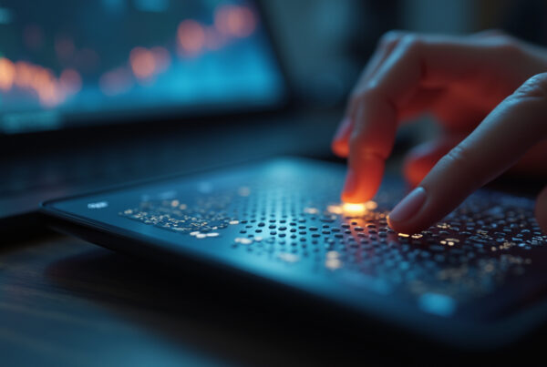 Close up of hand using brail reading tablet
