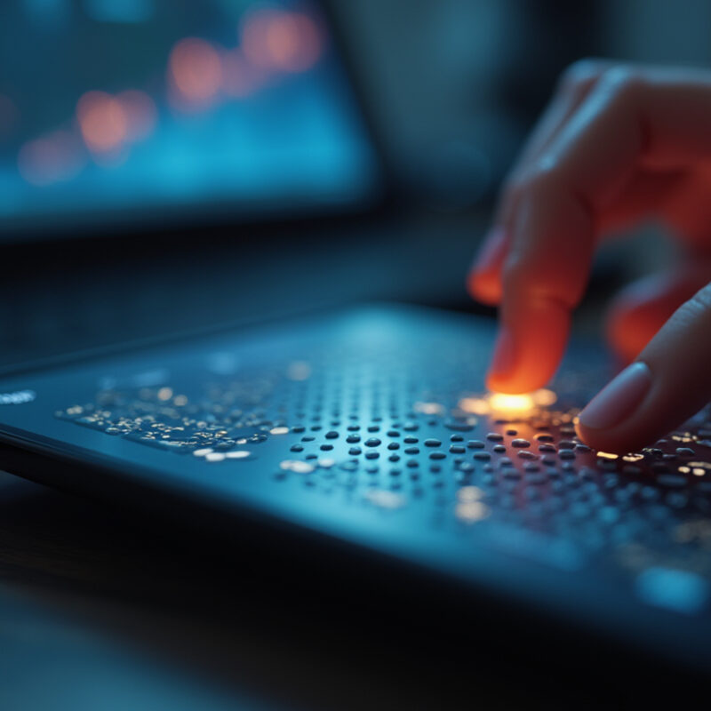 Close up of hand using brail reading tablet