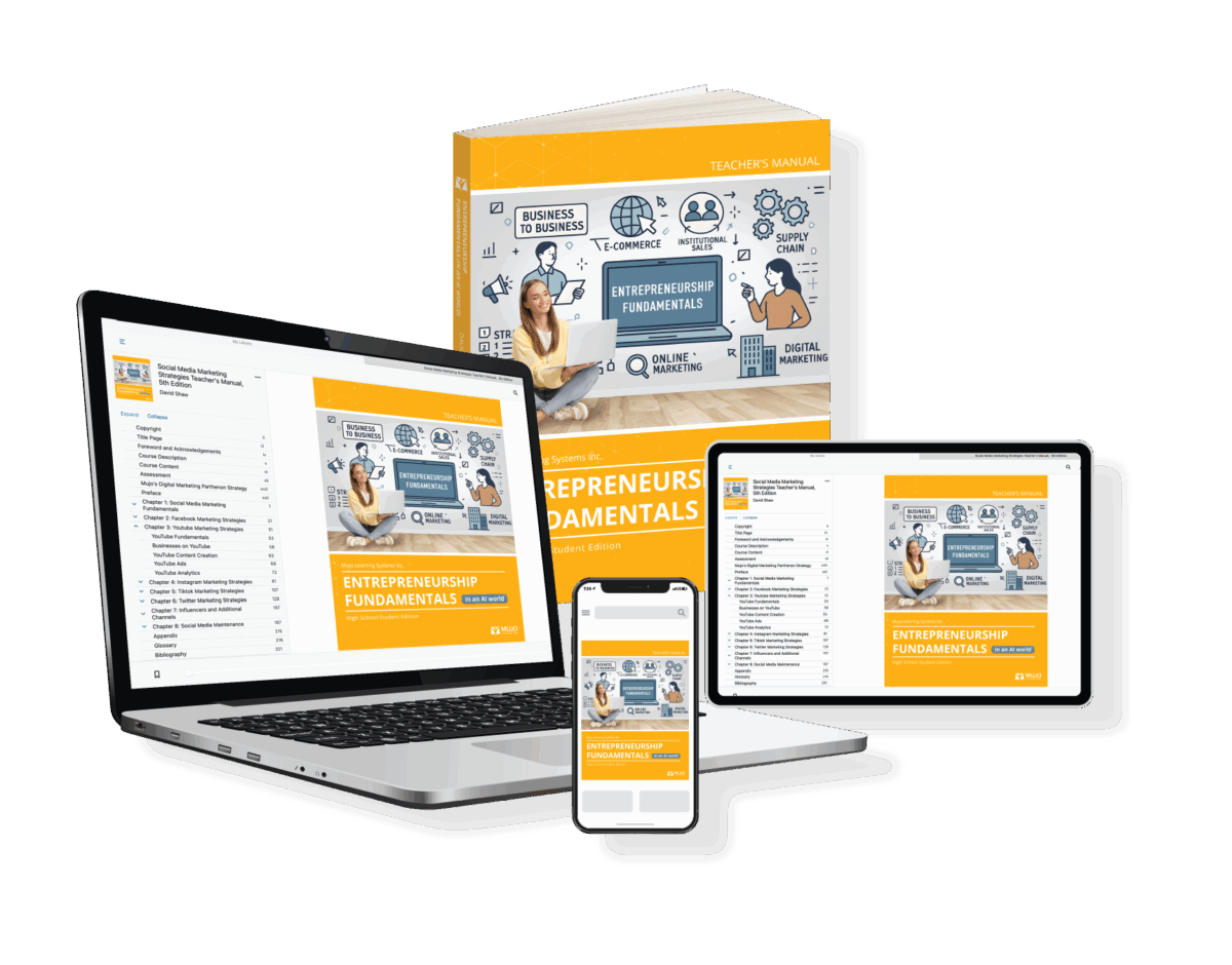 image showing the entrepreneurship fundamentals textbook is responsive on all screen sizes and comes in both a hard copy and electronic copy.