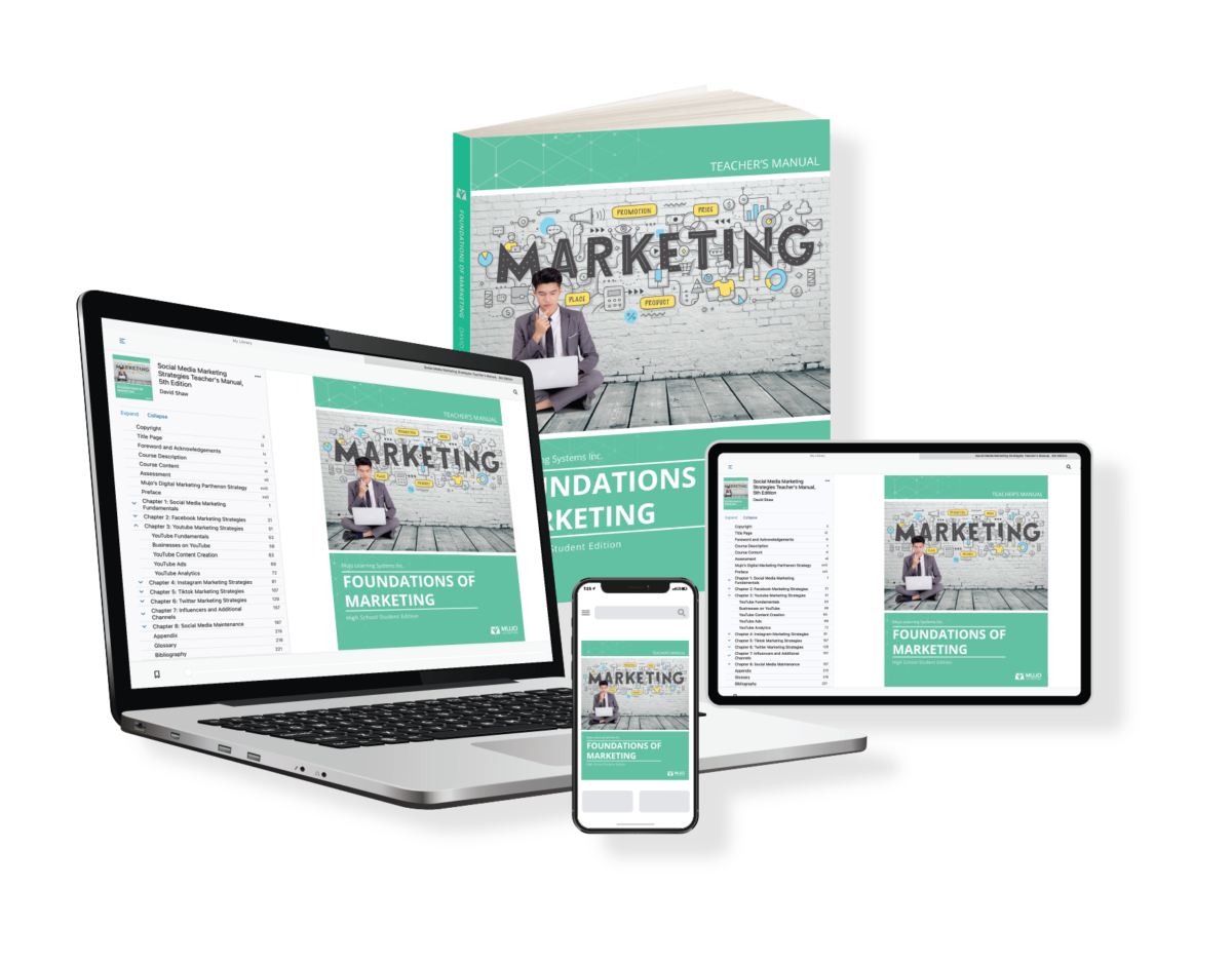Collage of Foundations of Marketing Textbook showing that it is accessible on desktop, tablet and mobile device.