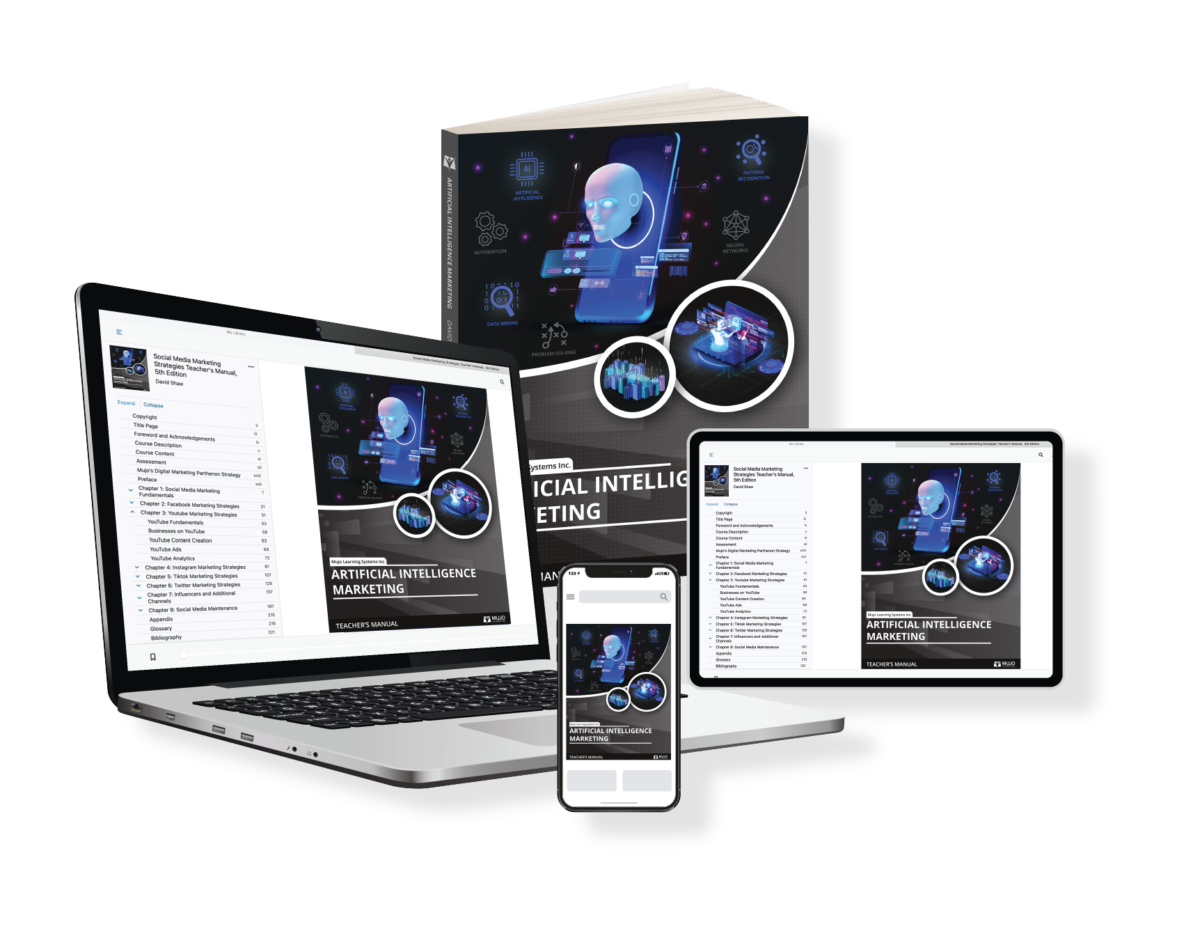image showing that Mujo's AI Marketing textbooks, e-books and Courseware for Universities and colleges is accessible via desktop, tablet or mobile device.