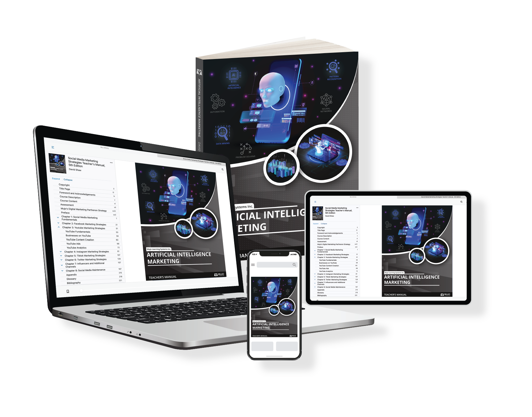 image showing that Mujo's AI Marketing textbooks, e-books and Courseware for Universities and colleges is accessible via desktop, tablet or mobile device.