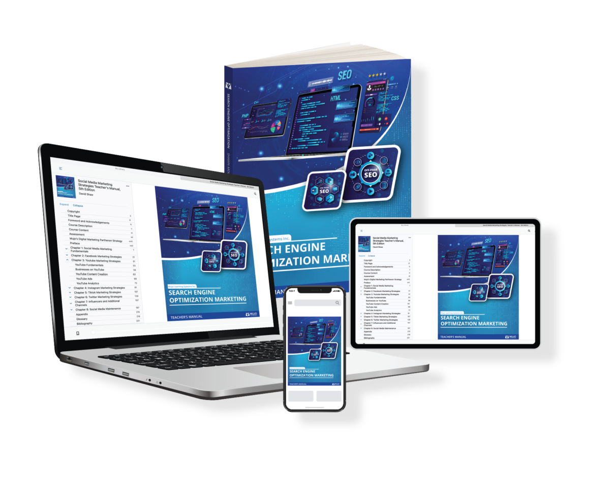 image showing that Mujo's Search Engine Optimization textbooks, e-books and Courseware for Universities and colleges is accessible via desktop, tablet or mobile device.