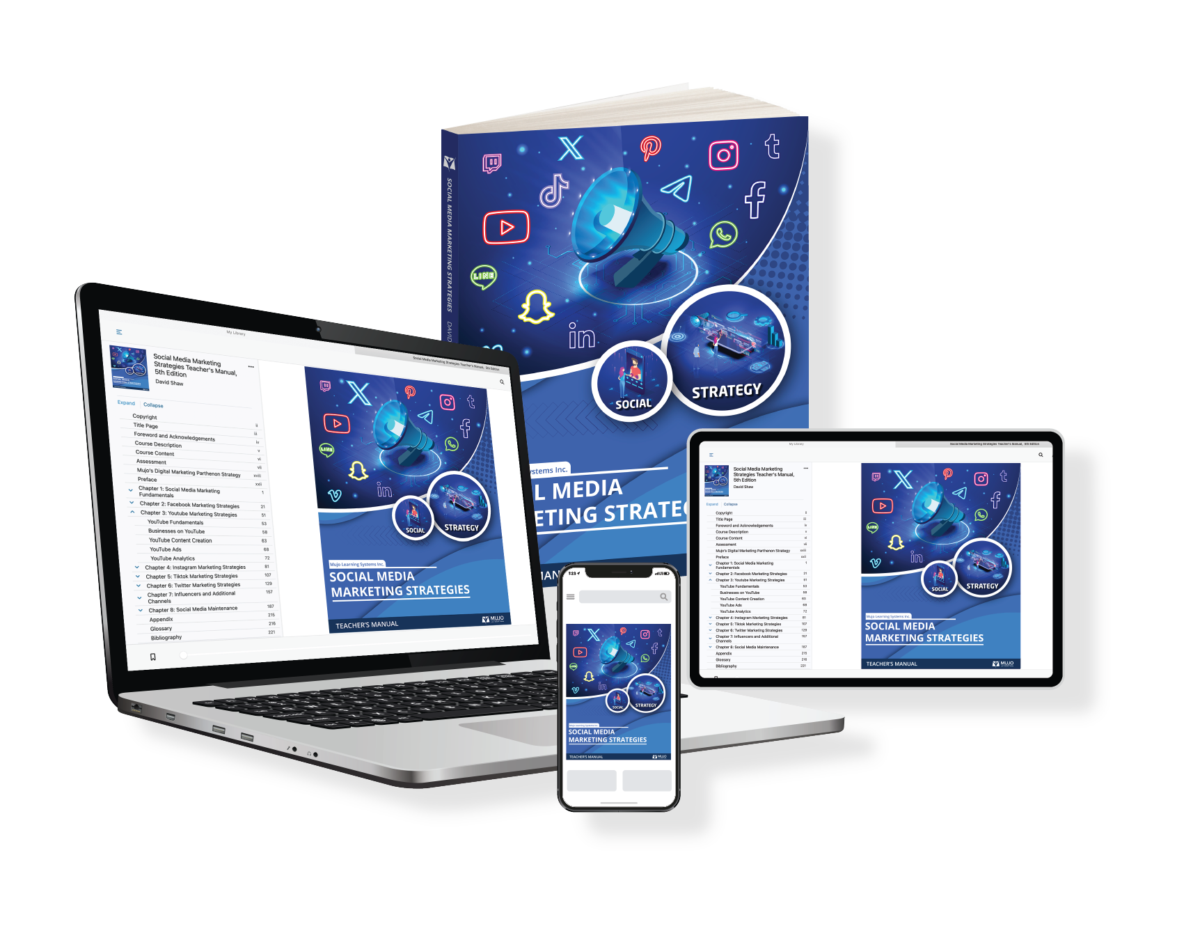 image showing that Mujo's Social Media Marketing textbooks, e-books and Courseware for Universities and colleges is accessible via desktop, tablet or mobile device.
