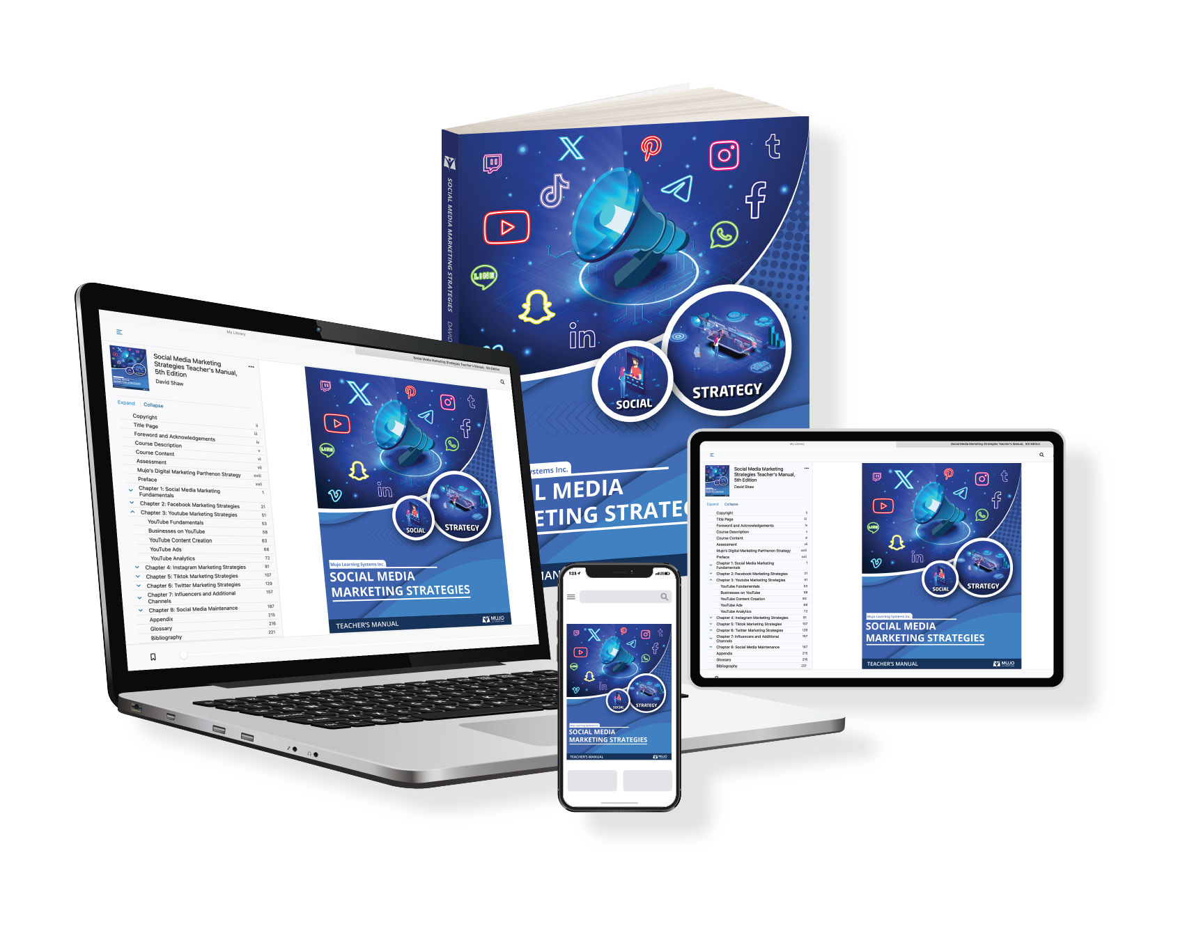image showing that Mujo's Social Media Marketing textbooks, e-books and Courseware for Universities and colleges is accessible via desktop, tablet or mobile device.