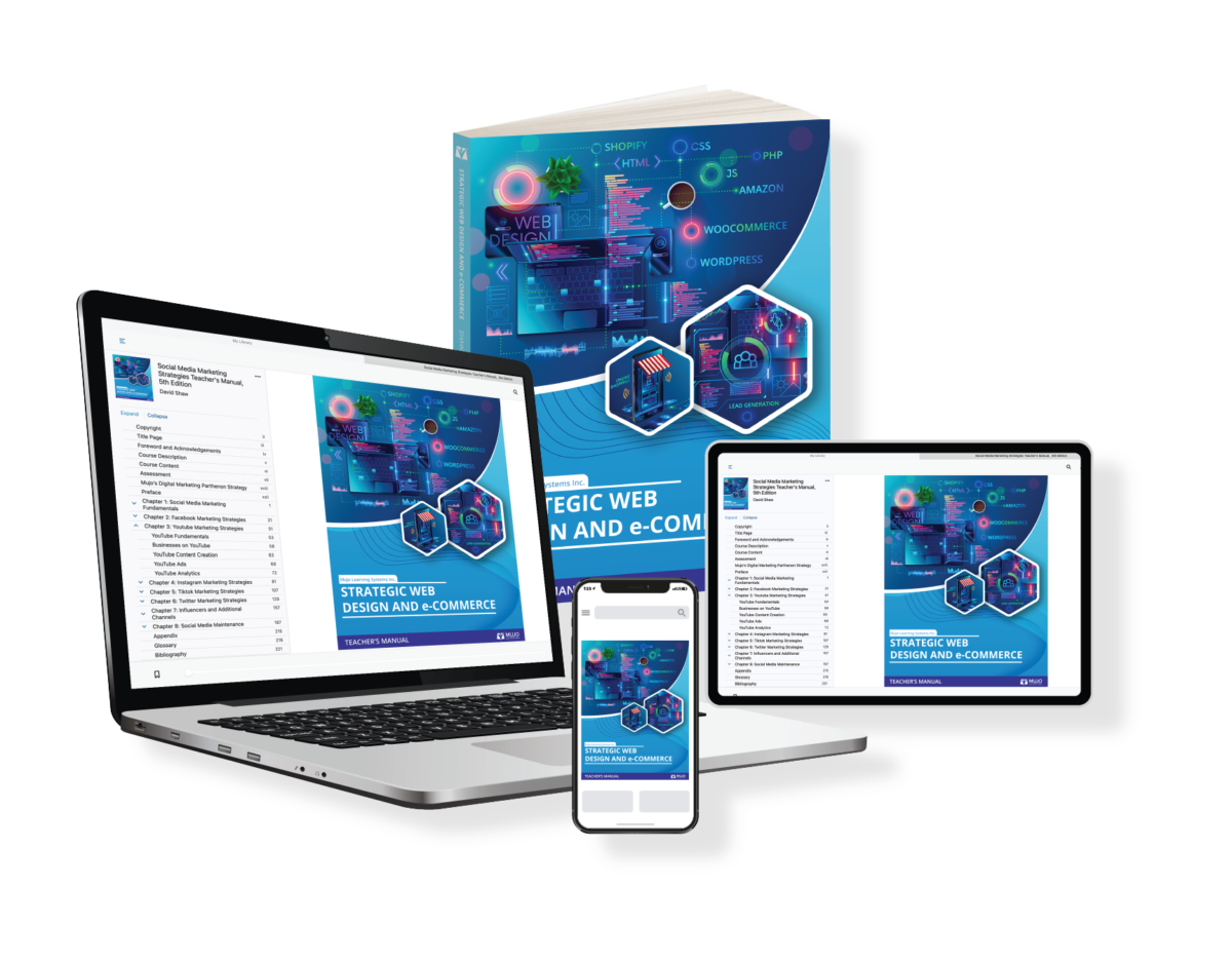image showing that Mujo's Strategic Web Design & E-commerce textbooks, e-books and Courseware for Universities and colleges is accessible via desktop, tablet or mobile device.