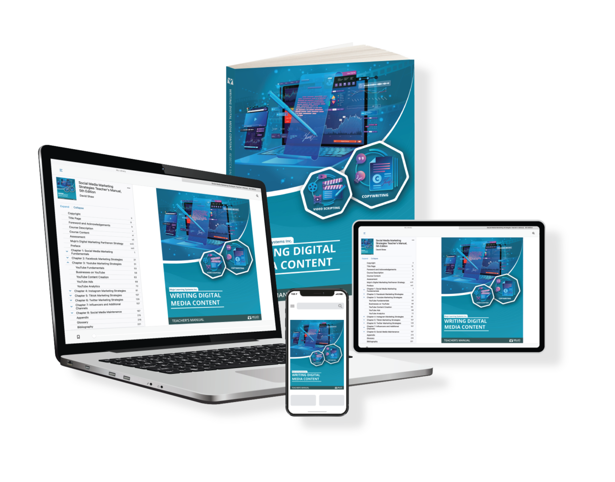image showing that Mujo's Writing Digital Media Content textbooks, e-books and Courseware for Universities and colleges is accessible via desktop, tablet or mobile device.